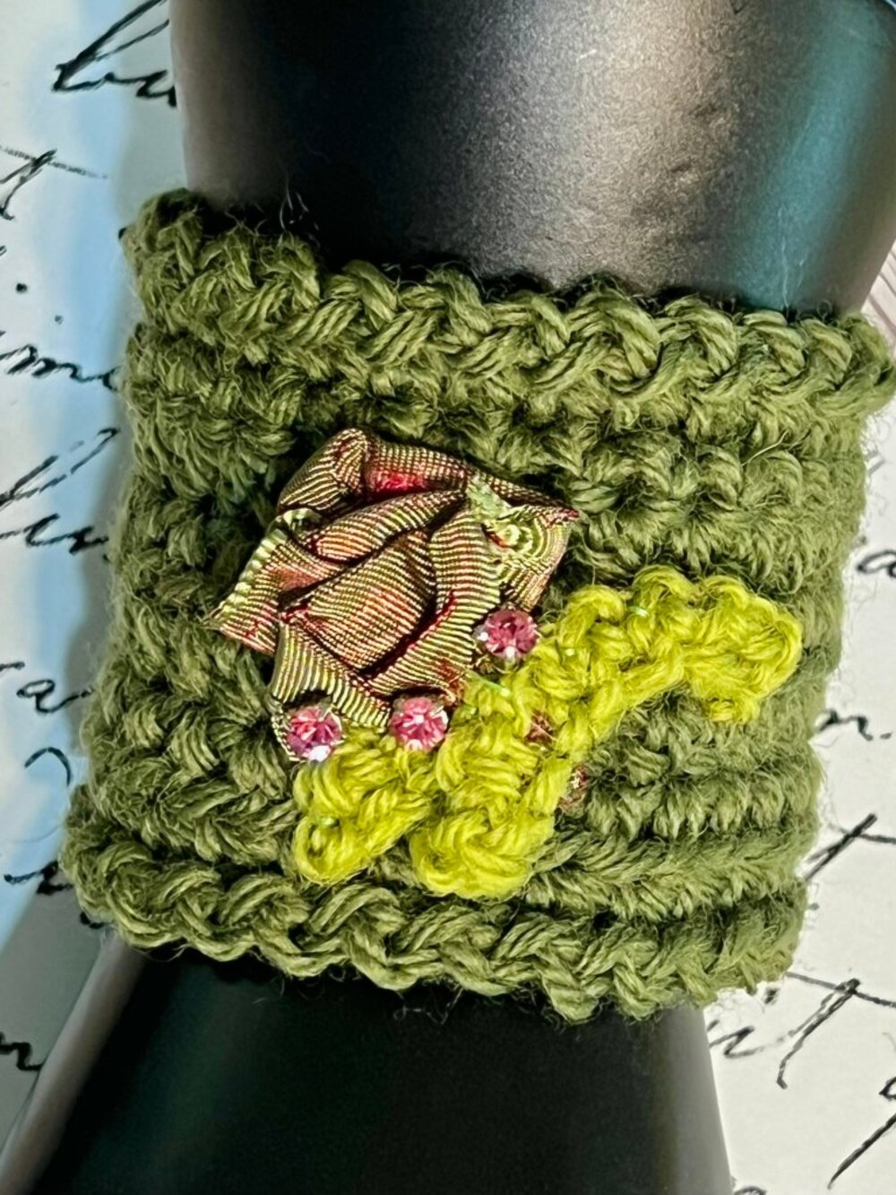 CUFF/BRACELET~Garden Green~Handmade Crocheted~Ribbon Rose with Pink Rhinestones